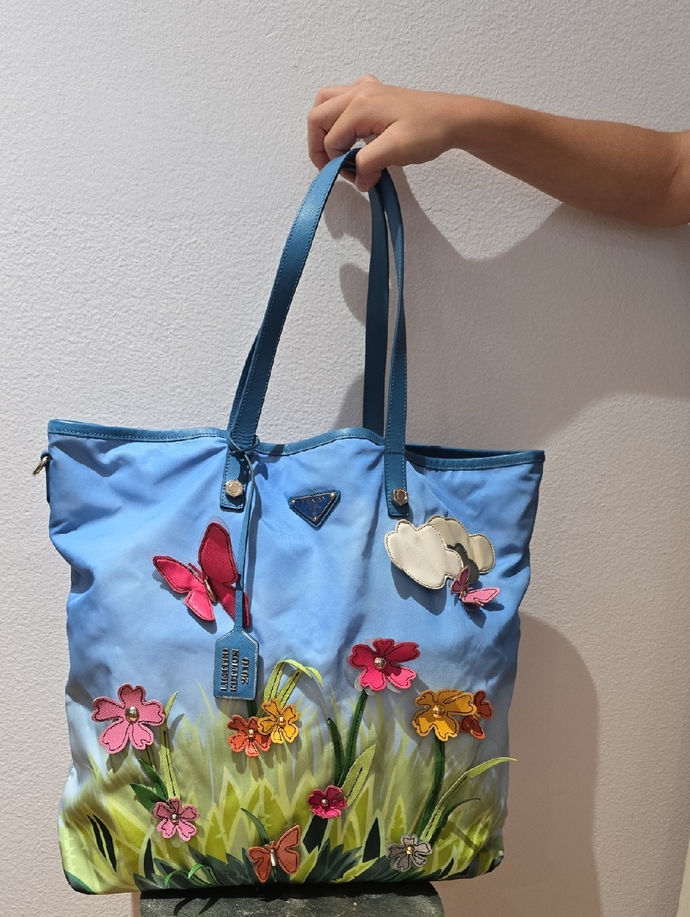 Prada Limited Edition Authentic Light Blue Floral & Butterfly Embroidered Tote